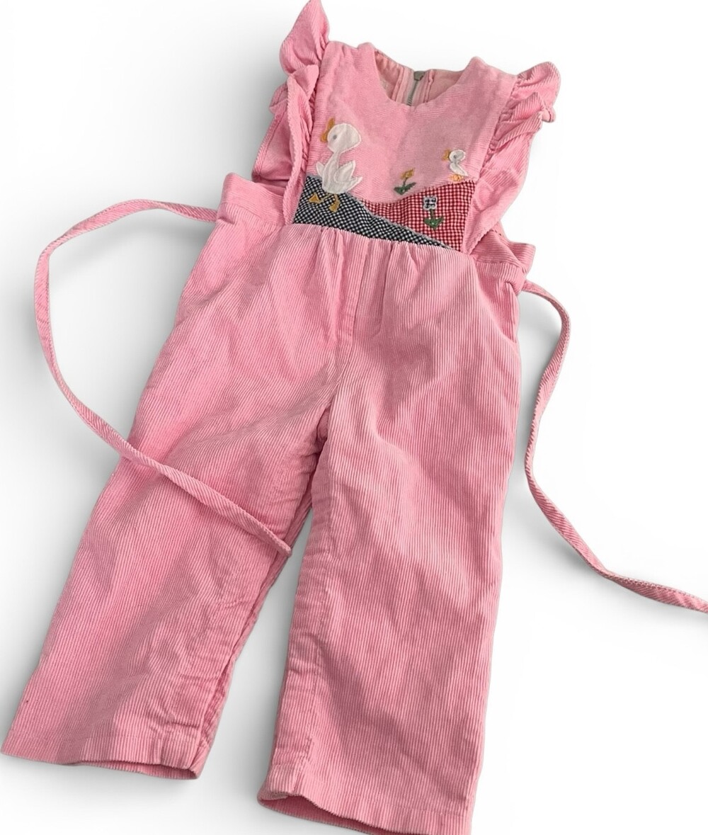 VTG 80s Popsicle Pink Corduroy Ruffle Overalls Mom & Baby Duck Applique 18 Month